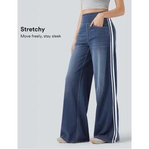 Halara Flex™ High Waisted Stripe Wide Leg Dark Wash Casual Jeans Pockets XL